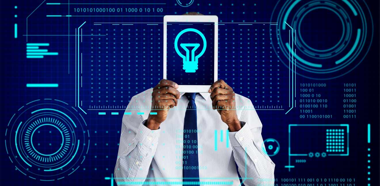 African descent professional man holding a tablet with bulb icon in a background showing futuristic digital interface elements |Technology & Intellectual Property law | IP TMT Law legal services in Nairobi by Njaga & Co. Advocates