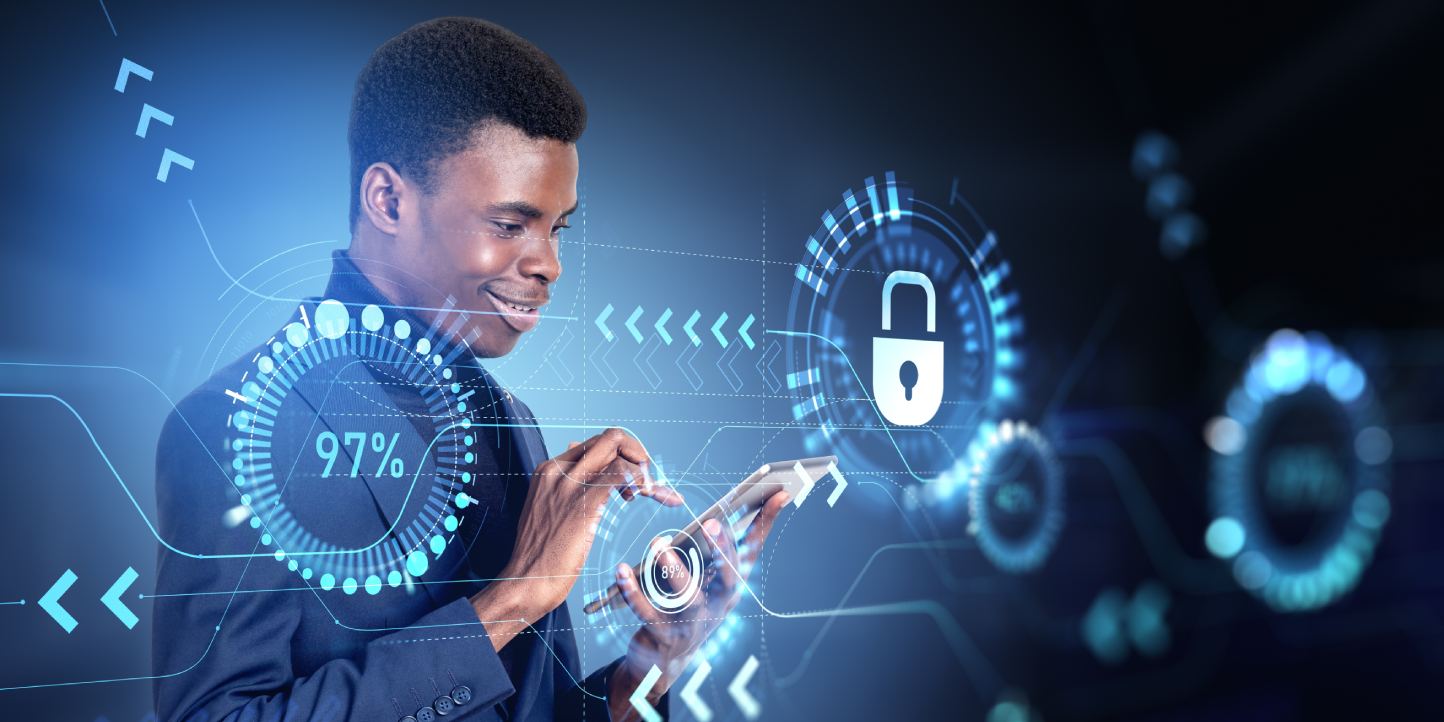 An African descent man holding his phone with digital data privacy icons, including a lock symbol and percentage indicator, representing data protection concepts | Data privacy in Kenya | Njaga Advocates legal articles