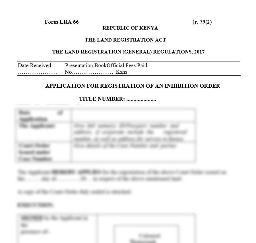 Application for Registration of an Inhibition Order Form LRA-66 | land forms in kenya