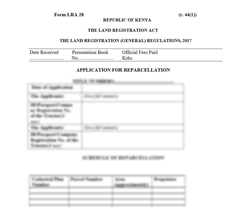 Application for Reparcellation - Form LRA-28 | land forms