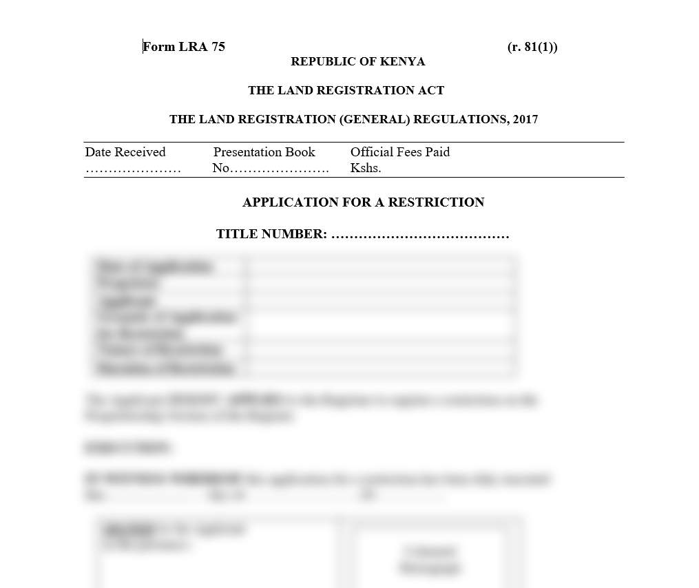 Application for a Restriction | Form LRA-75 | Land forms in Kenya
