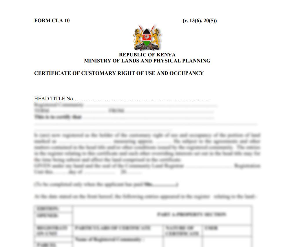 Certificate of Customary Right of Use and Occupancy - Form CLA-10