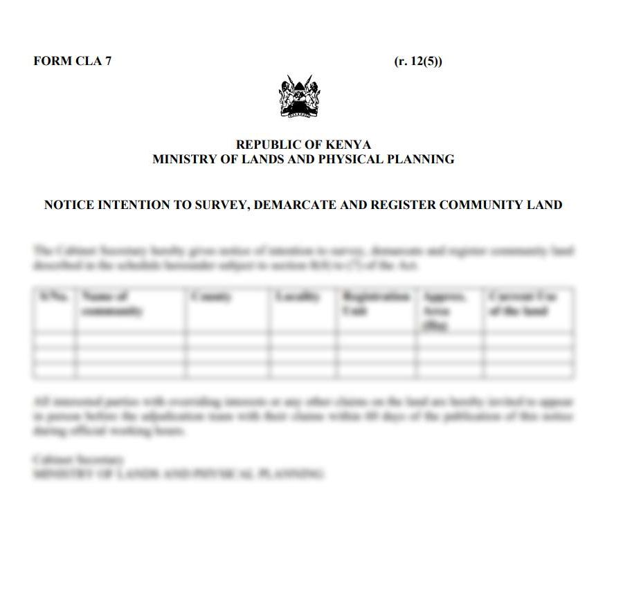 Notice Intention to Survey, Demarcate and Register Community Land - Form CLA-7