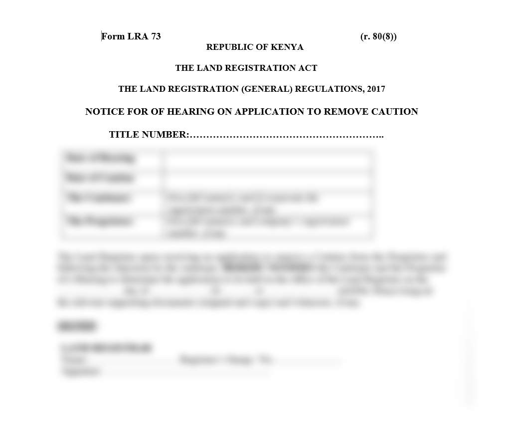 Notice for of Hearing on Application to Remove Caution - Form LRA-73 | land forms in kenya | downloadable ardhi forms in kenya