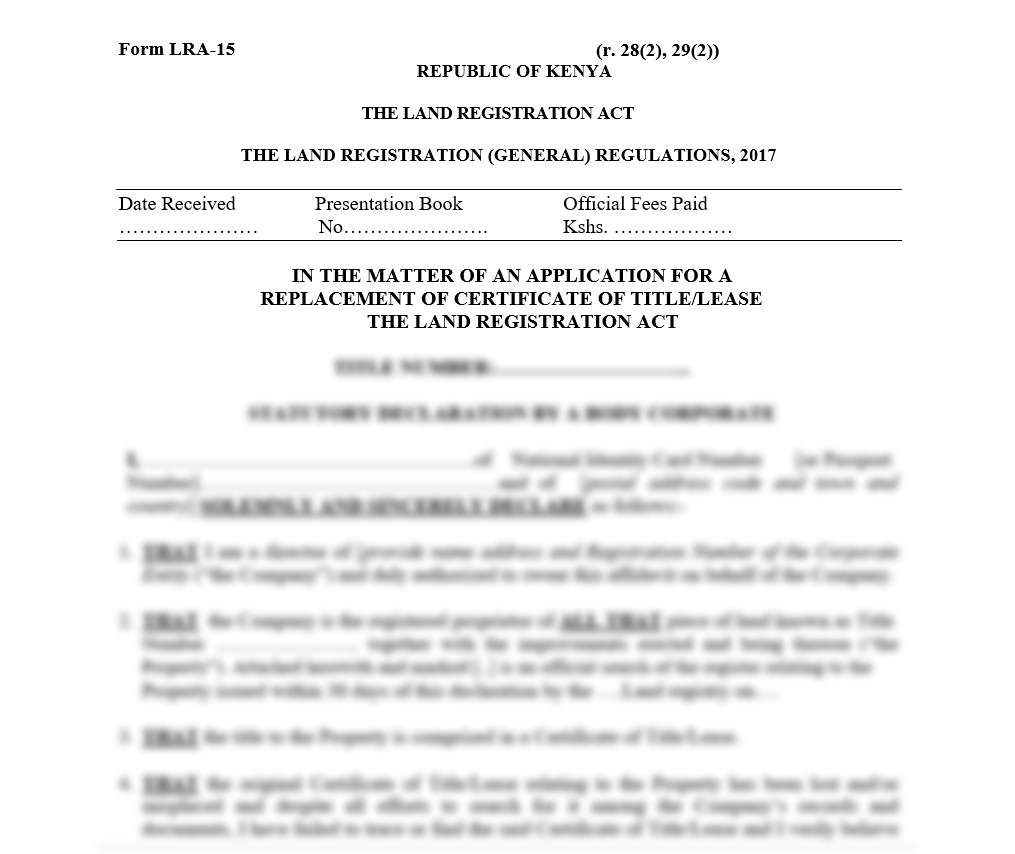 Statutory Declaration by a Body Corporate - Form LRA-15 | land forms in kenya