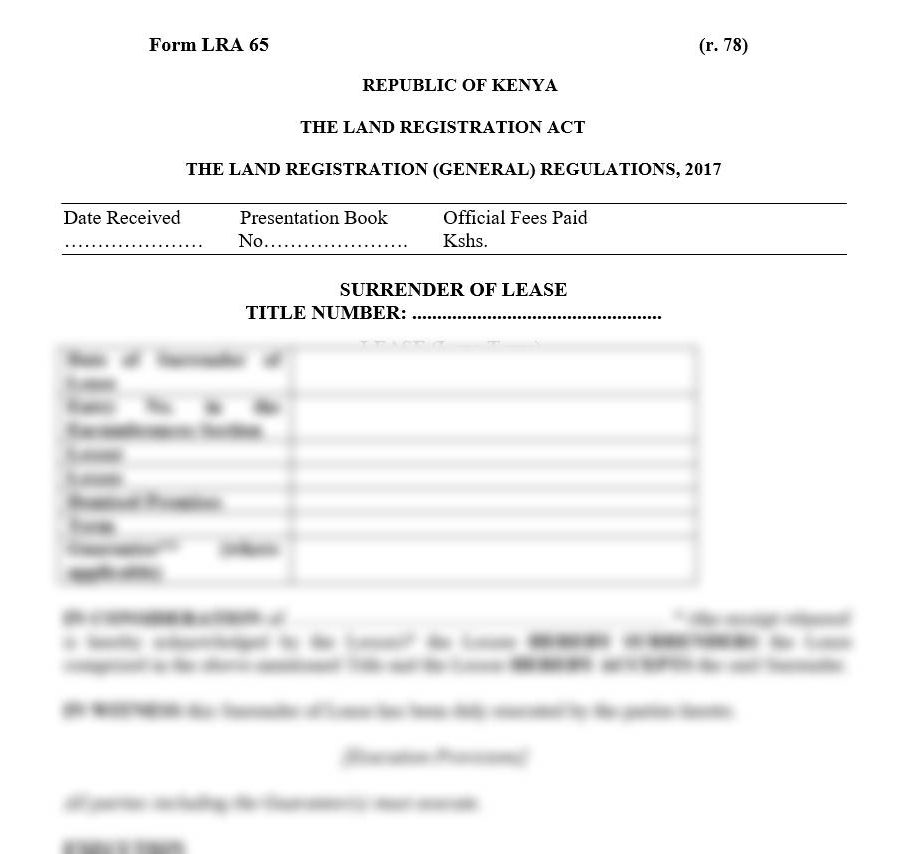 Surrender of Lease Form LRA-65 | land forms in Kenya