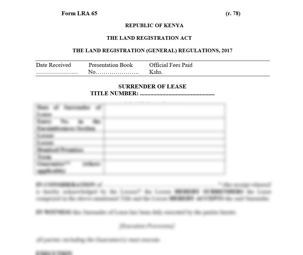 Surrender of Lease Form LRA-65 | land forms in Kenya
