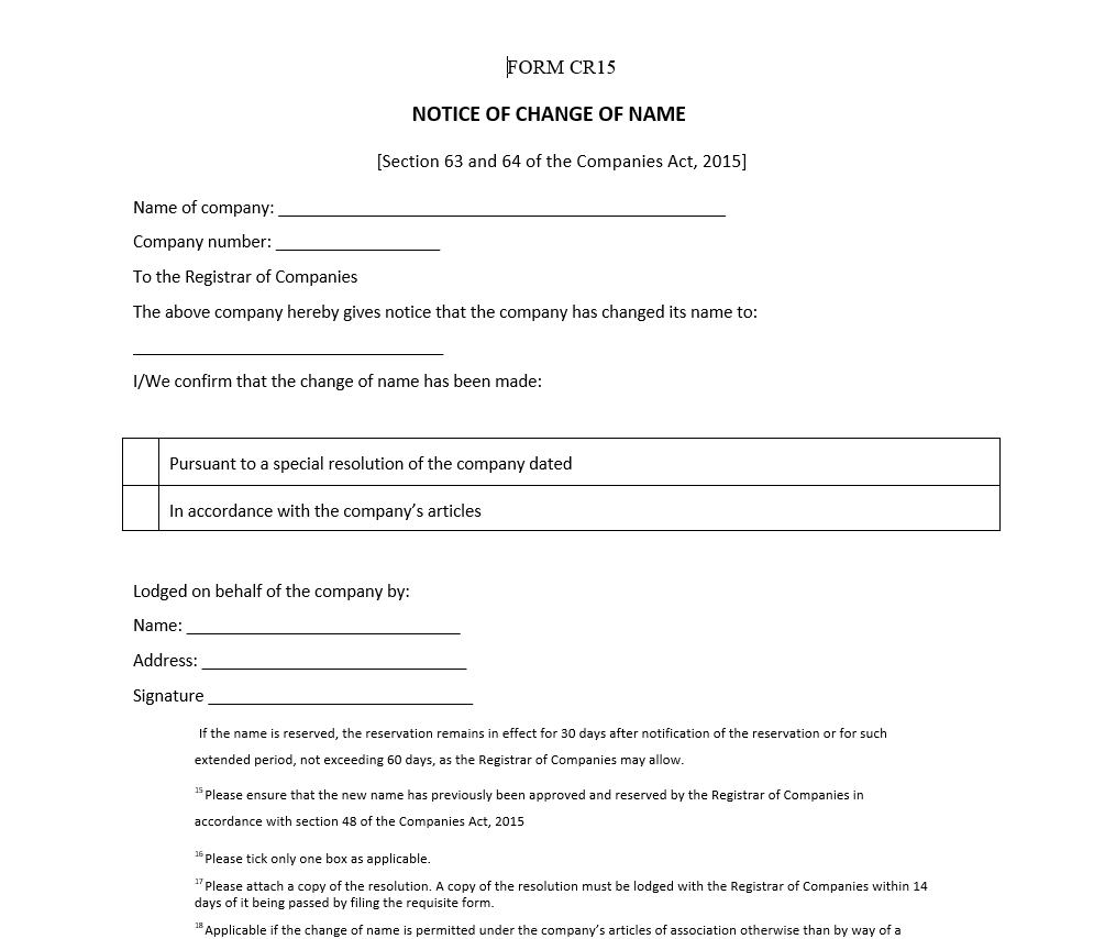 Notice of Change of Name by Means Provided for in a Company’s Articles – Form CR 15