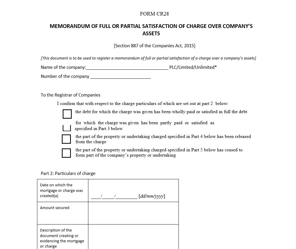 Memorandum of Full or Partial Satisfaction of a Charge over a Company’s Assets