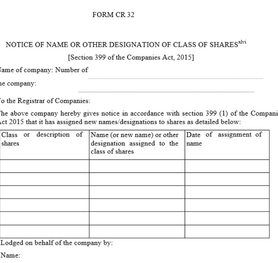 Notice of name or other designation of class of sharesxlvi