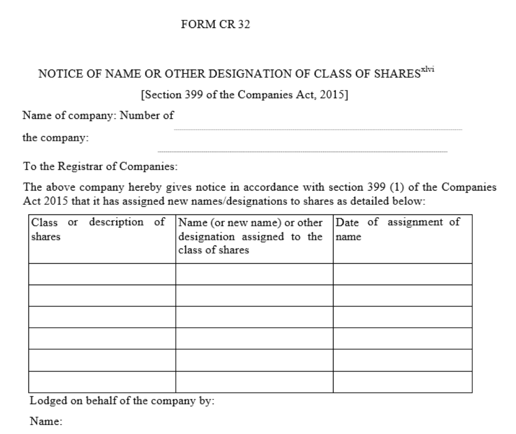 Notice of name or other designation of class of sharesxlvi