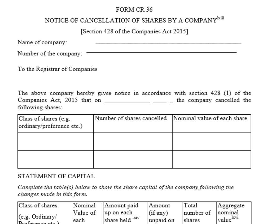 Notice of cancellation of shares by a company | download legal template | legal forms in kenya | corporate lawyers in kenya