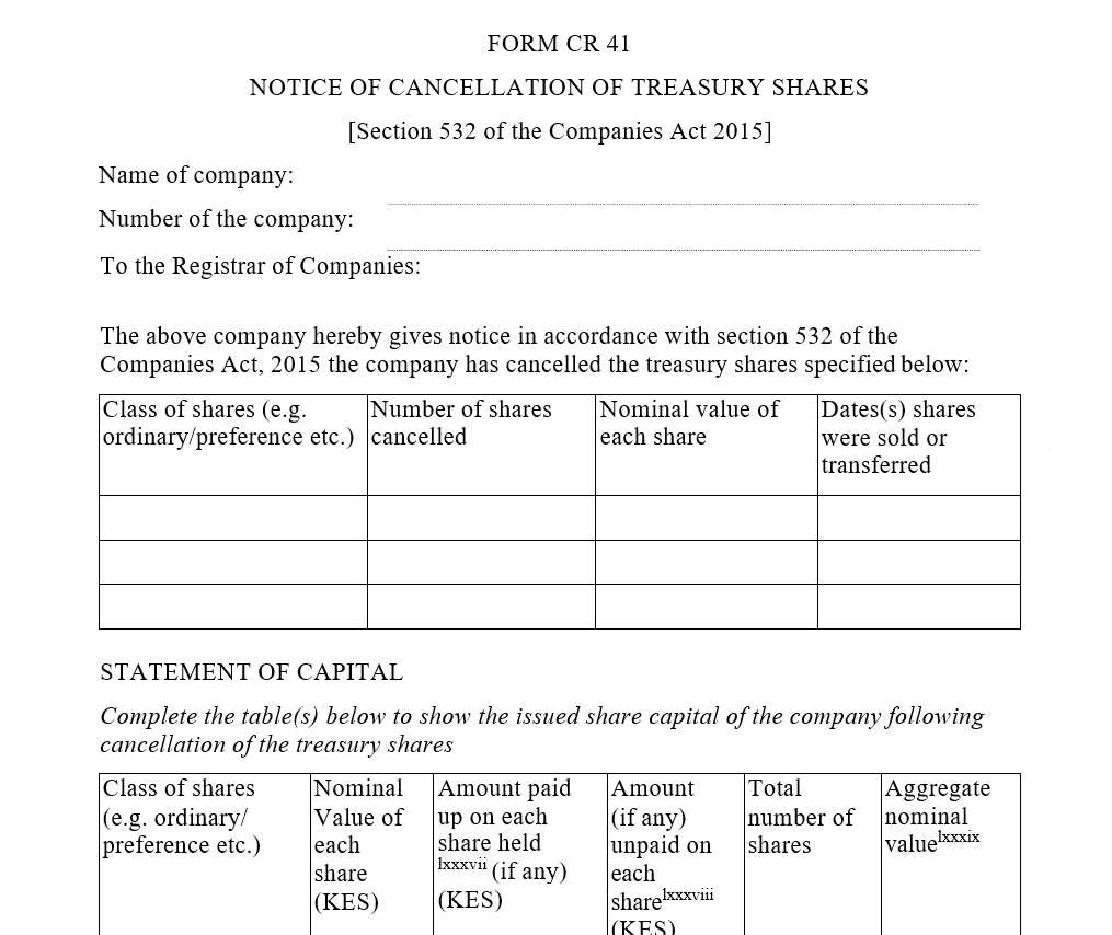 Notice of Cancellation of Treasury Shares | Form CR41 | Company act | company registration documents | legal documents in kenya