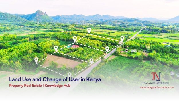 Aerial of a parcel of open or semi-developed land marked with survey beacons indicating property boundaries, corners, or survey points with a heading "Land Use and Change of User in Kenya" overlaid on it | property lawyers in Kenya | real estate lawyers in Nairobi